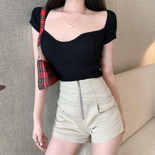 Short-sleeve Sweetheart-neckline Shirred Knit Top