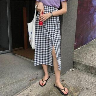 Slit-front Gingham Maxi Skirt