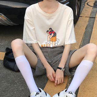 Cartoon Print Short-sleeve T-shirt / Checked Shorts