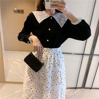 Pointed Collar Shirt / Doted A-line Midi Skirt