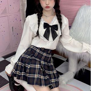 Lace Trim Bow Accent Blouse / Mini Pleated Skirt