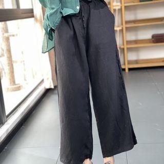 Wide Leg Linen Pants Black - One Size