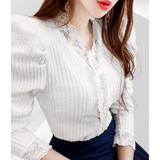 Snap-button Lace-trim Cardigan Ivory - One Size