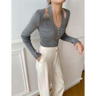 Cutout Half-button Knit Top