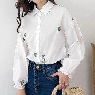 Ruffle-trim Cactus Embroidered Shirt