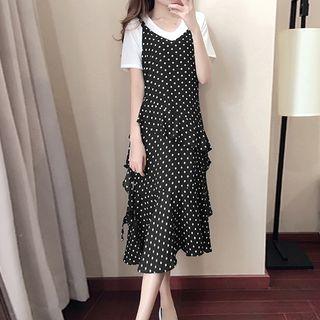 Set: Short-sleeve T-shirt + Spaghetti-strap Dotted Ruffle Dress