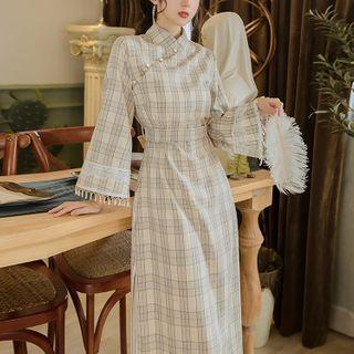 Mandarin Collar Plaid Midi A-line Dress