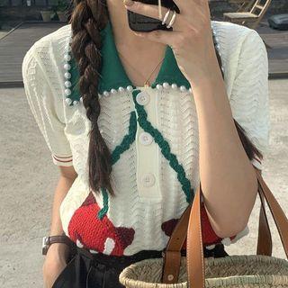 Short-sleeve Embroidered Knit Polo Shirt White - One Size
