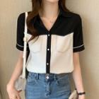 Short-sleeve V-neck Two-tone Button-up Chiffon Blouse