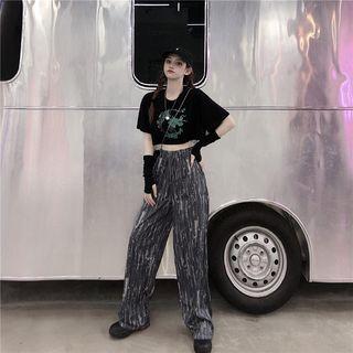 Dragon Printing Short-sleeve Cropped T-shirt / High-waist Wide-leg Pants