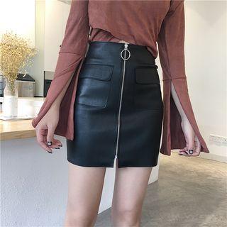 Faux-leather Zip Front A-line Skirt