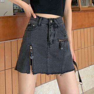 Zip-up Mini A-line Denim Skirt