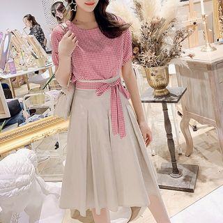 Set: Checked Short-sleeve Blouse + Tie-waist Midi A-line Skirt