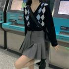 Long-sleeve Argyle Cardigan + Mini Pleated Skirt