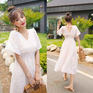 Wrap-front Smocked-waist Textured Long Dress