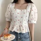 Puff-sleeve Fruit Print Square-neck Crop Top As Shown In Figure - One Size