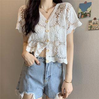 Short-sleeve Scalloped Trim Crochet Cropped Cardigan