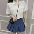 Pocket Detail Short-sleeve Shirt / Plaid Pleated Skirt