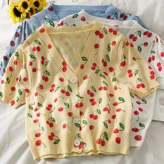 Cherry-print Button-up Knit Top In 5 Colors