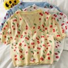 Cherry-print Button-up Knit Top In 5 Colors