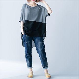Elbow-sleeve Paneled Top As Shown In Figure - One Size