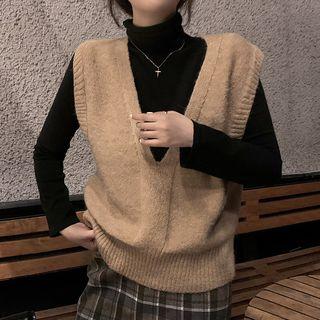 V-neck Knit Vest / Turtleneck Long-sleeve Top / Plaid Midi Straight-fit Skirt