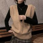 V-neck Knit Vest / Turtleneck Long-sleeve Top / Plaid Midi Straight-fit Skirt