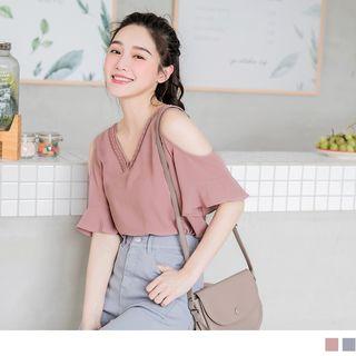 Cutout Shoulder Braided Ruffle Top