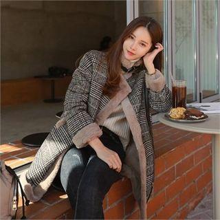 Glen-plaid Long Faux-shearling Jacket Brown - One Size