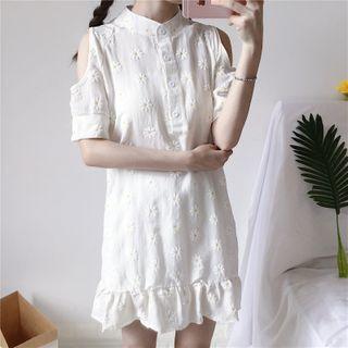Cold-shoulder Flower Embroidered Short-sleeve Mini A-line Dress