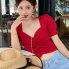 Puff-sleeve Ruffled Knit Top