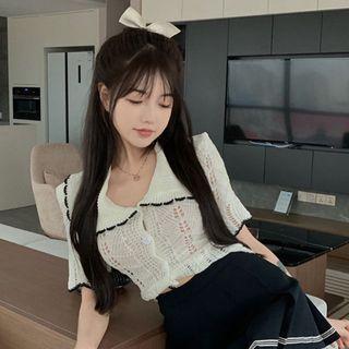 Short-sleeve Collared Knit Top White - One Size