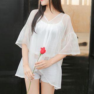 Set : Elbow-sleeve Chiffon Top + Spaghetti Strap Top