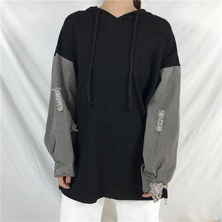 Ripped Denim Sleeve Hoodie