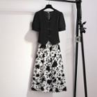 Puff-sleeve Frog Buttoned Blouse / Floral Print Midi A-line Skirt / Set