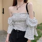 Bell-sleeve Off-shoulder Lettering Shirred Top