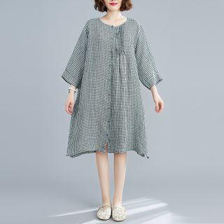 3/4-sleeve Gingham Midi A-line Dress