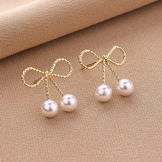 Faux Pearl Bow Drop Earring Qr-348 - 1 Pr - Gold - One Size