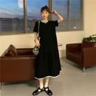 Scallop Trim Short-sleeve Midi Shift Dress Black - One Size
