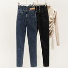 Waistline-details Brushed Fleece-lined Skinny Jeans