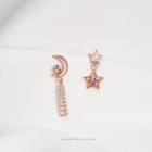 925 Sterling Silver Rhinestone Moon & Star Dangle Earring 1 Pair - Rose Gold - One Size