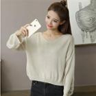 Long-sleeve Distressed Knit Top Beige - One Size