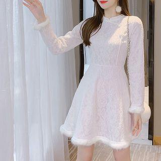 Stand Collar Furry Trim Lace A-line Dress