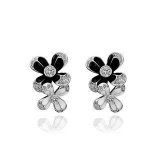 Elegant Double Flower Stud Earrings With Austrian Element Crystal Silver - One Size