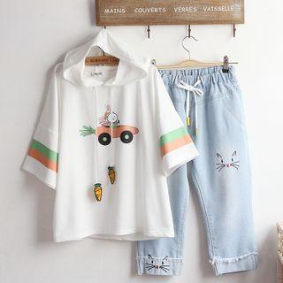 3/4-sleeve Print Hoodie / Wide-leg Jeans / Set
