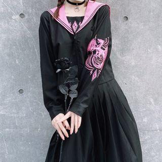 Dragon Embroidered Sailor Collar Blouse / Midi A-line Skirt / Set