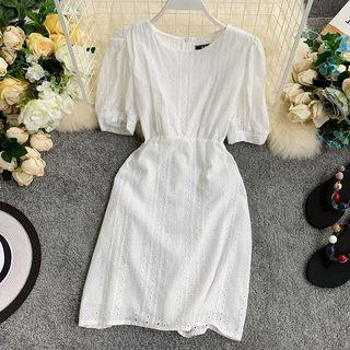 Elbow-sleeve Perforated A-line Dress White - One Size