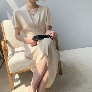 V-neck Short-sleeve Knit Midi Dress