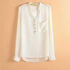 Cuff Sleeve V-neck Chiffon Blouse