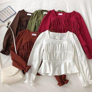 Plain Square-neck Frilled Flare-sleeve Blouse